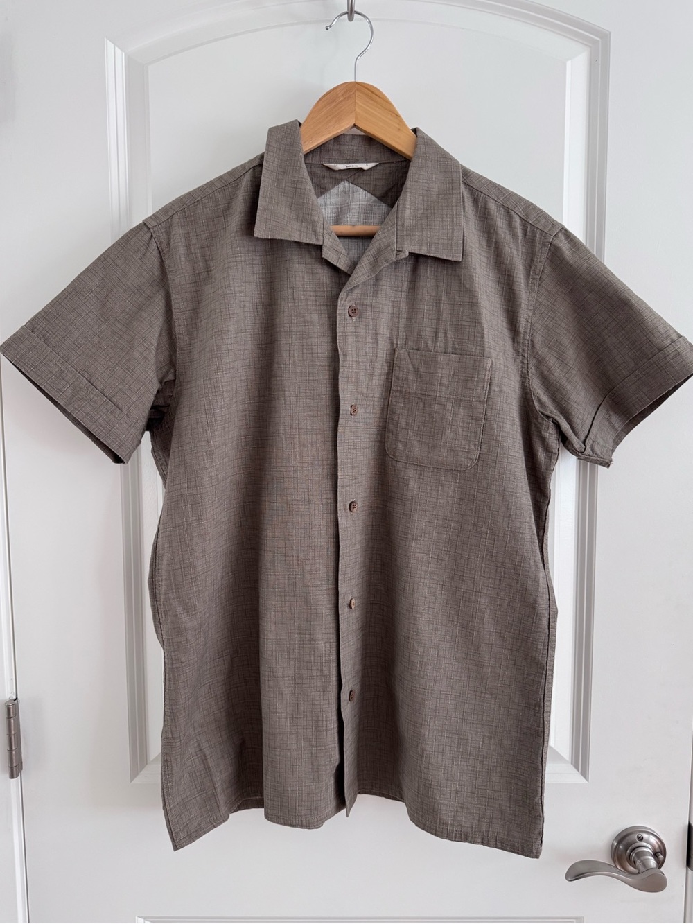 3sixteen Short-Sleeve Button-Down Textured Shirt in Taupe Brown - Picture 8 of 14